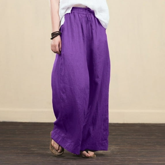 Hvyesh Plus Size Wide Leg Pants Women Cotton Linen Palazzo Pants Drawstring Waist Wide Leg Loose Trousers with Pockets