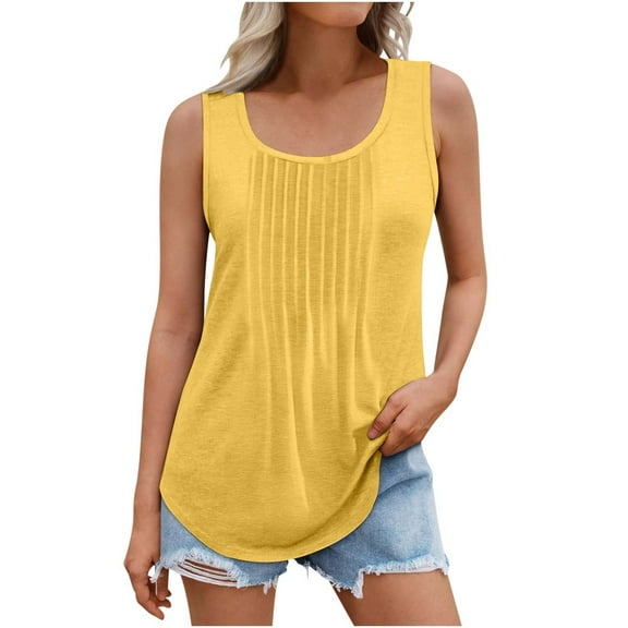 Hvyesh Plus Size Women Tank Tops Summer Loose Fit Casual Flowy Sleeveless Tops Ribbed Trim Scoop Neck Curved Hem Trendy T Shirt 2025
