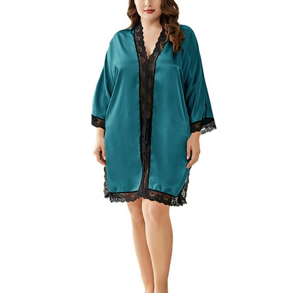 Hvyesh Plus Size Women's V Neck Silk Nightgown Loose Fit Button Down Sleepshirt Cozy Satin 3/4 Sleeve Pajama Dress Casual Nightshirt Housecoat Blue XL