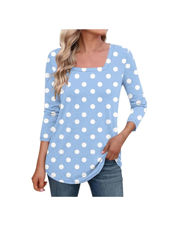 Polka Dots Tops for Women Square Neck 3/4 Sleeve Shirts Dressy Casual Elbow Length Sleeve Tunic Blouses Plus Size