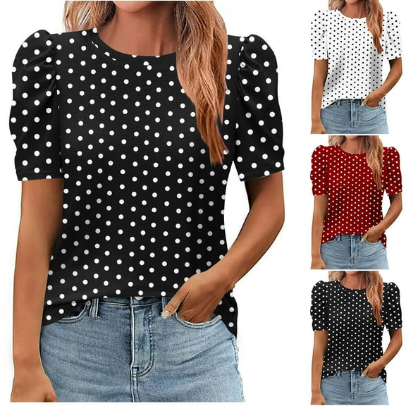 Hvyesh Puff Short Sleeve Shirt for Women Print Tunic Tops Summer Crewneck Blouse Loose Fit