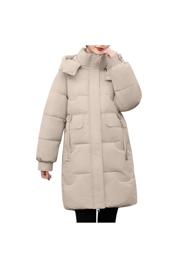Puffer Coat Women Warm Thicken Mid Length Winter Coats Casual Zipper Hood Puffer Jacket with Pockets Beige XXXXL