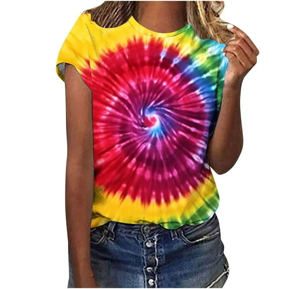 Hvyesh Rainbow Tie Dye Shirt Women Short Sleeve Tops Cute Crewneck Printed T Shirt