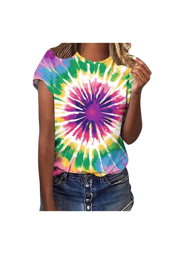 Rainbow Tie Dye Shirt Women Short Sleeve Tops Cute Crewneck Printed T Shirt