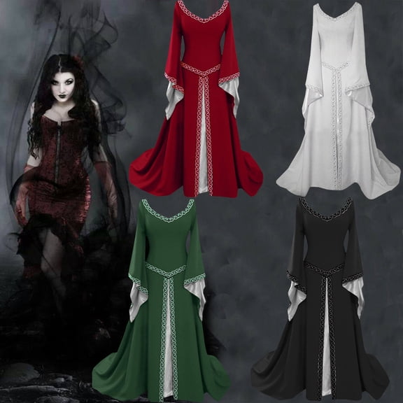 Hvyesh Renaissance Costume Women Plus Size Flare Sleeve Long Dress Queen Gothic Clothes Pirate Vampire Witchy Costumes