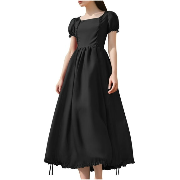 Hvyesh Renaissance Dress for Women Off Shoulder Flowy Western Dresses Gothic Medieval Puff Sleeve High Low Victorian Ruffled Dresses