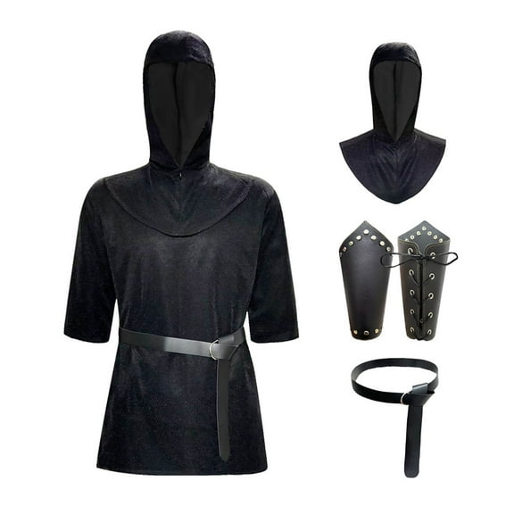 Hvyesh Renaissance Faux Chain Mail Armor Tunic Shirt Coif Medieval Knight Cowl Crusader Costume Outfit Bracers Waist Belt Set