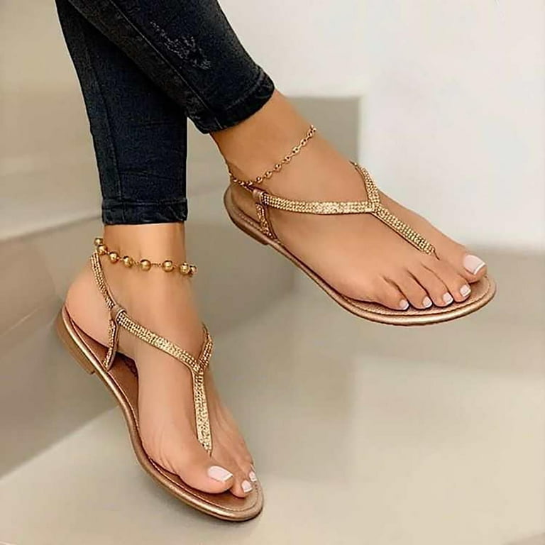 Hvyesh Rhinestone Sandals Women s Shoes Flat Beach Sandals And Slippers Women Gold US 10.5