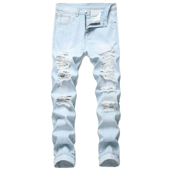 Hvyesh Ripped Jeans for Men,Mens Slim Straight Fit Denim Jeans Skinny Distressed Fashion Ripped Hole Trousers Summer Full Length Denim Pants