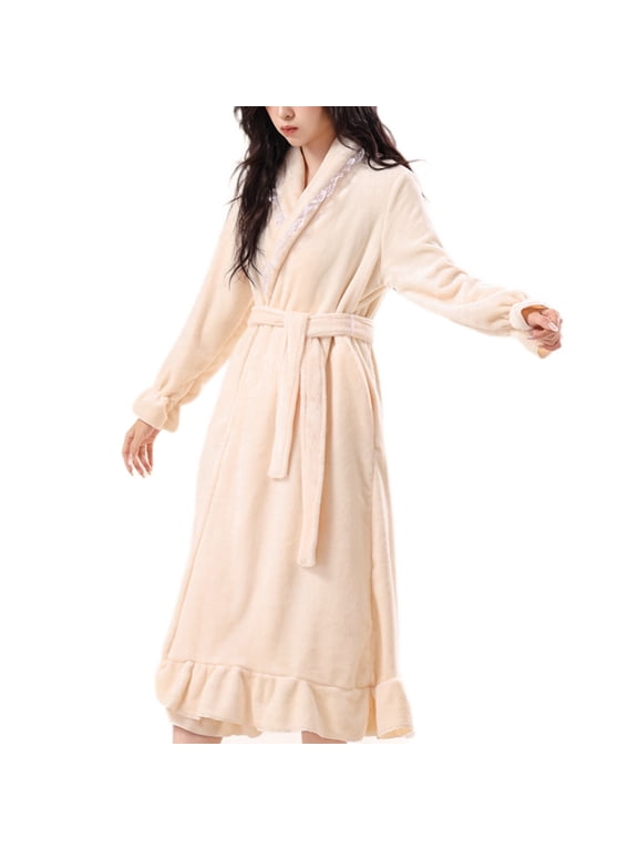 Ruffle Robe for Women Cute Fluffy Fuzzy Plush Bathrobe Warm Ruffer Long Bathrobe Sleepwear with Belt