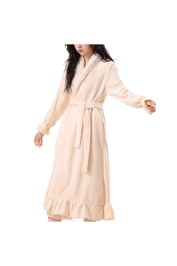 Ruffle Robe for Women Cute Fluffy Fuzzy Plush Bathrobe Warm Ruffer Long Bathrobe Sleepwear with Belt