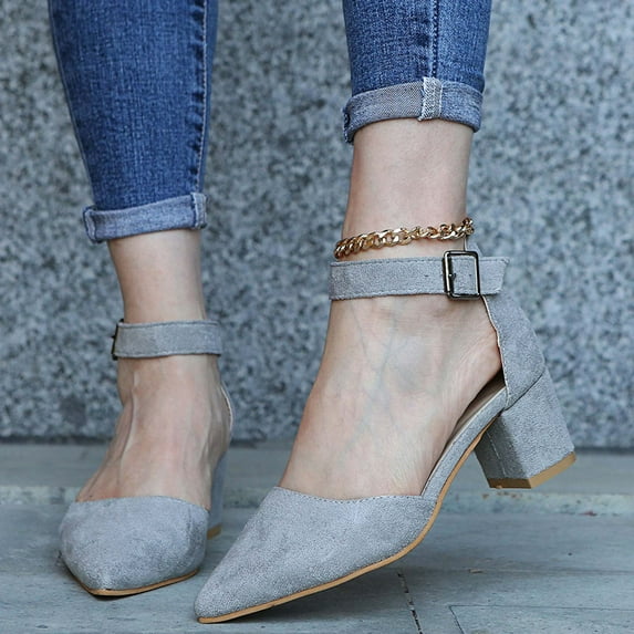 Hvyesh Sandals for Women Casual Summer, Summer Casual Pointed-toe Sandals Middle Heel Chunky Heel Metal Buckle Sandals Size 9