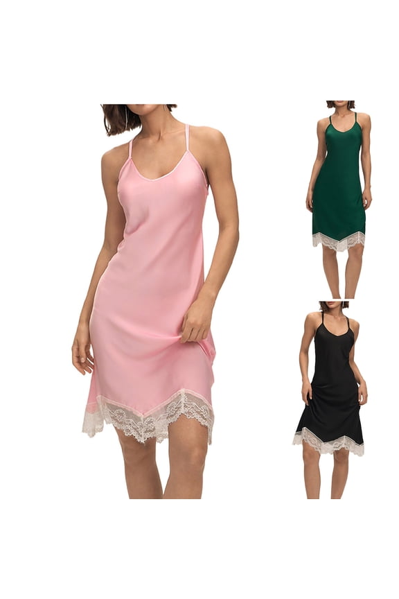 Satin Nightgown for Women Spaghetti Strap Patchwork Nightshirt Slim Fit Lace Sleepshirt Summer Chemise Nightgowns