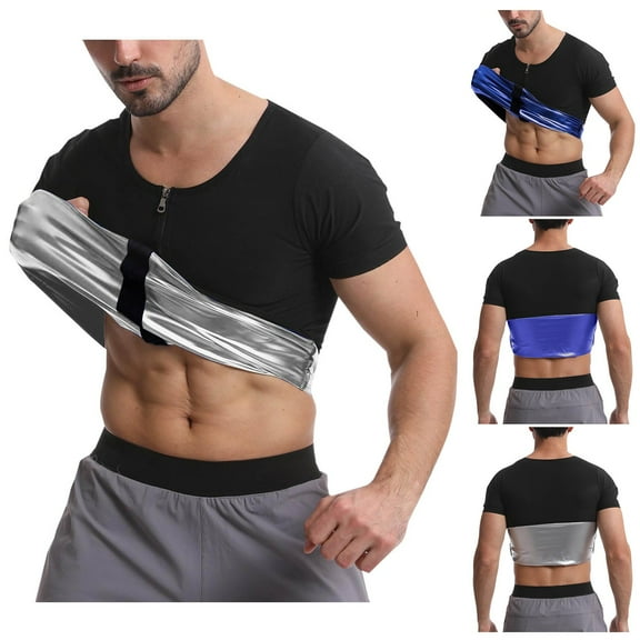 Hvyesh Sauna Shirt for Men Sweat Suit Short Sleeve Quick Drying T-Shirt Zipper Body Shaper Shirts for Workout Sports Exercise