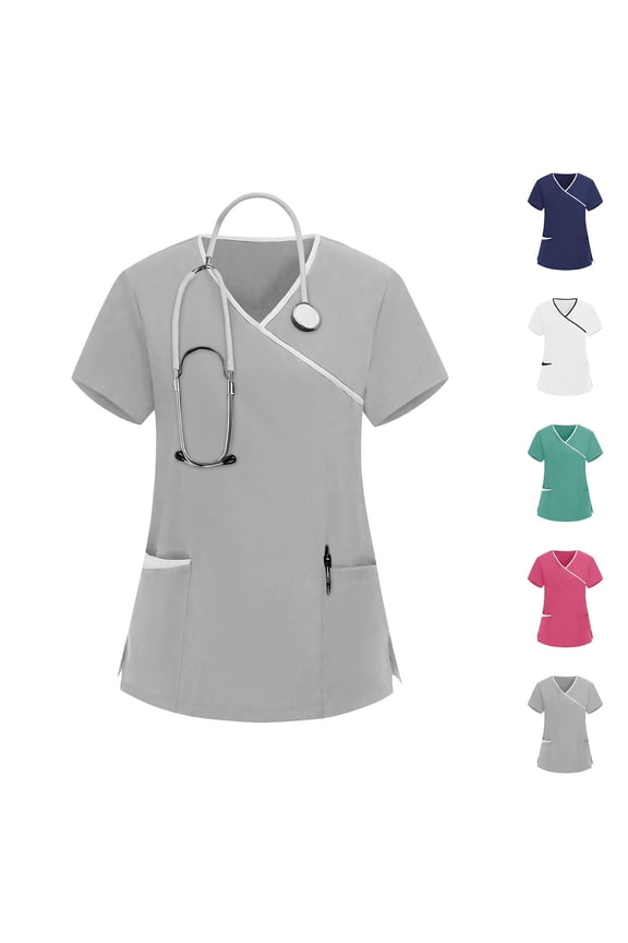 Scrub Tops for Women Short Sleeve V Neck Nurse Uniform Summer Trendy Stretch Soft T Shirts Breathable Comfy Workwear with Sturdy Pockets