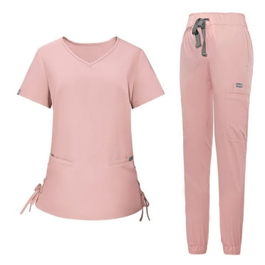 Hvyesh Scrubs Set for Women Clearance Sale,Nurse Scrubs for Women 2PCS Set Solid V-Neck Short Sleeve Tops and Jogger Sets Workwear Nurse Uniform Set