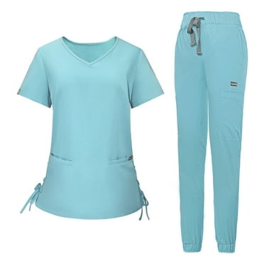 Hvyesh Scrubs Set for Women Clearance Sale,Nurse Scrubs for Women 2PCS Set Solid V-Neck Short Sleeve Tops and Jogger Sets Workwear Nurse Uniform Set