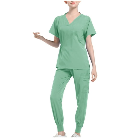 Hvyesh Scrubs for Women Set, 2 Piece Nurse Working Uniforms Women Casual Solid V-Neck Caregiver Top and Drawstring Waist Pants with Pockets