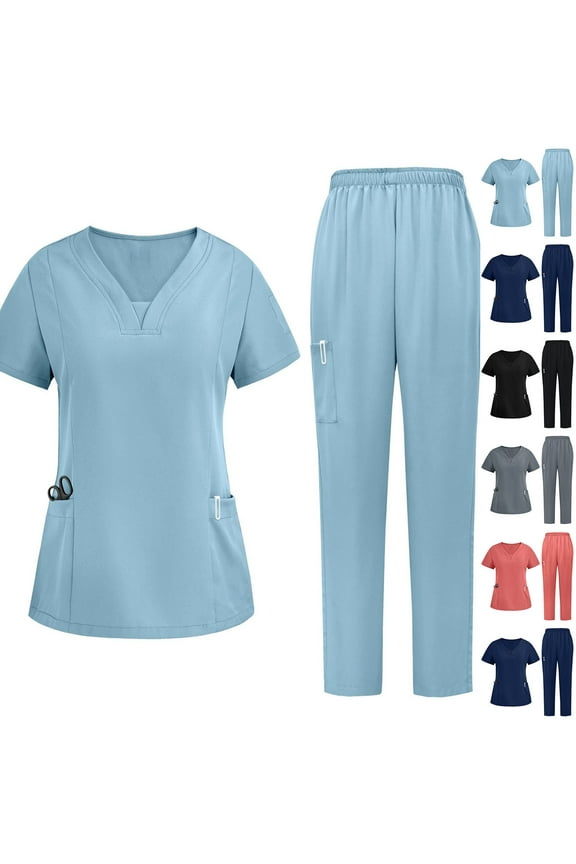 Scrubs for Women Set V Neck Scrubs Top Drawstring Jogger Scrub Pants Stretch Medical Nursing Uniforms with Pockets