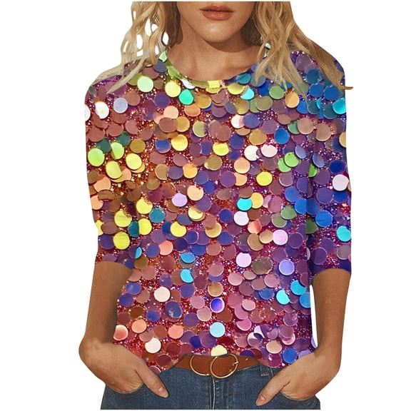Hvyesh Sequin Tops for Women 3/4 Sleeve Crewneck Shirt Sequin Tops Party Night Glitter Sparkly Dressy Blouse Loose Pullover