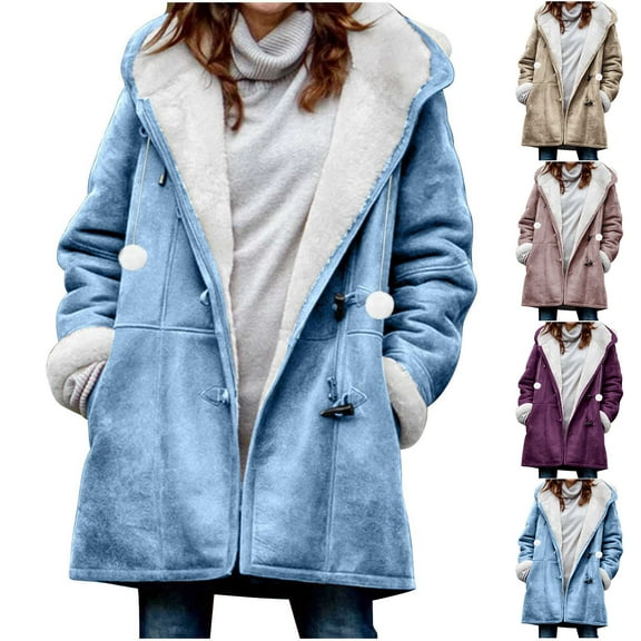 Hvyesh Sherpa Fleece Jackets for Women Plus Size Winter Hoodies Classic Fit Fleece-Liend Hooded Parka Faux Suede Long Pea Coat Outerwear