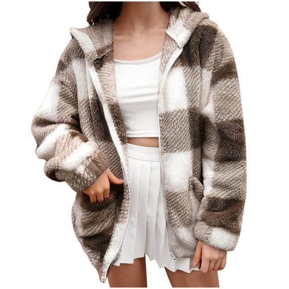 Hvyesh Sherpa Jacket Women Plus Size Plaid Coats Fuzzy Fleece Jackets Full Zip Long Sleeve Coats Casual Hoodie