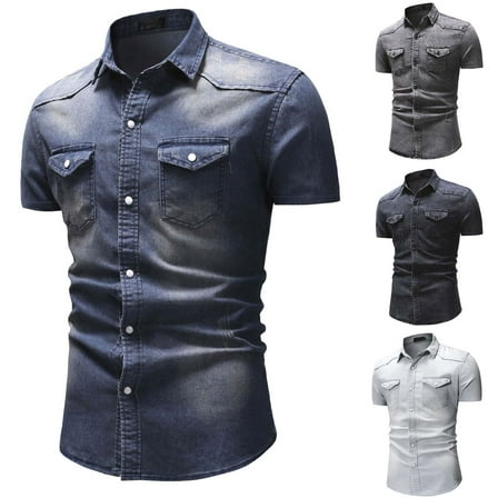 Hvyesh Short Sleeve Denim Shirt for Men Slim Fit Western Shirts Casual Snap Button Down Lapel Retro Jean Work Shirt
