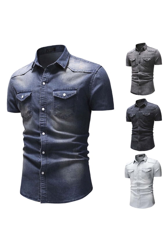 Short Sleeve Denim Shirt for Men Slim Fit Western Shirts Casual Snap Button Down Lapel Retro Jean Work Shirt