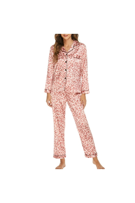 Silk Pajamas Womens Long Sleeve Sleepwear Trendy Leopard Stripes Print Nightwear Soft Satin Button Down Loungewear 2 Piece Pjs Lounge Set S-XL Red