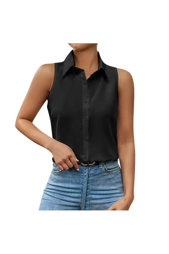 Sleeveless Blouses Womens Collared V Neck Sleeveless Tank Tops Casual Button Down Shirts Solid Fitted Work Tops