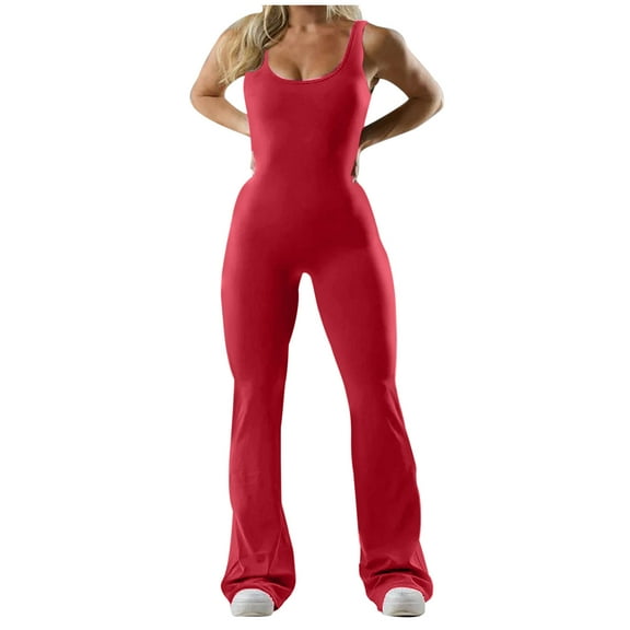 Hvyesh Sleeveless Flare Jumpsuits for Women Sweetheart Neck Bodycon High Waist Long Flared Pants Stretch Jumpsuit Yoga Rompers Seamless Workout Bodysuit