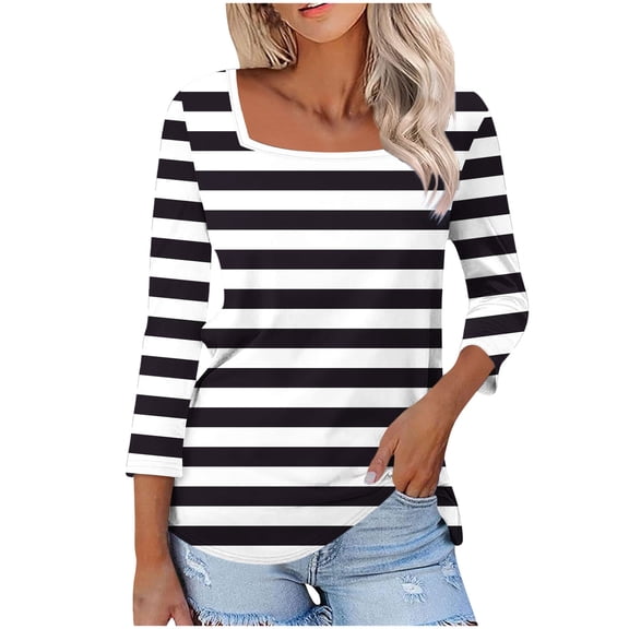 Hvyesh Stripe Shirts for Women 3/4 Length Sleeve Tunic Tops Lightweight Square Neck Work Tshirt Going Out Blouses
