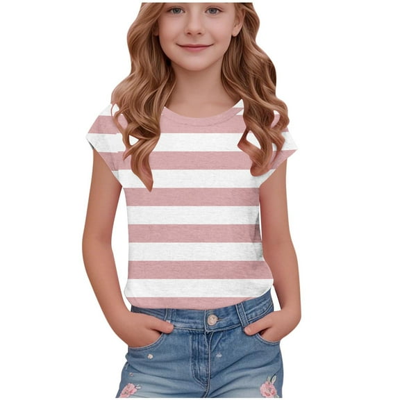 Hvyesh Striped T Shirts Kids Girls Summer Crewneck Shirts Casual Cape Sleeve Tunic Tops Tees 5-15 Years
