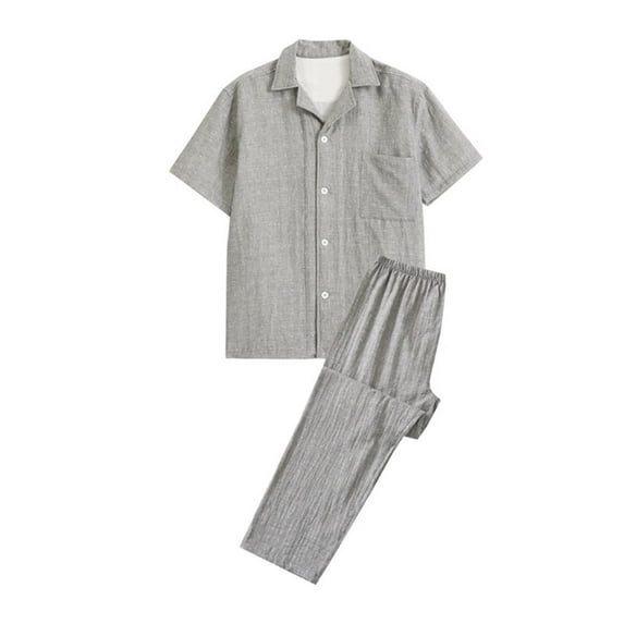 Hvyesh Summer Cotton Pajama Set for Men Casual Sleepwear Nightwear 2 Piece Sets Cozy Short Sleeve Button Downs Tops Trousers Pajamas Suits
