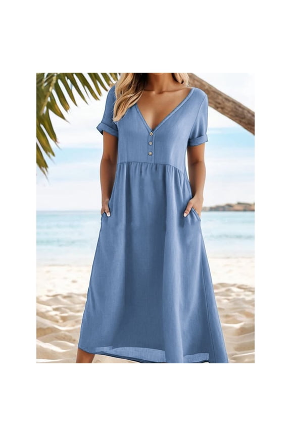 Summer Dress for Women Cotton Linen V Neck Sundress Casual Short Sleeve Midi Dresses Swing Beach Dress with Pockets