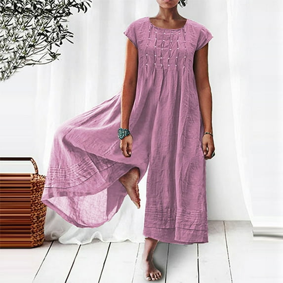 Hvyesh Summer Jumpsuits for Women Linen Casual Bib Overalls Loose Wide Leg Rompers Jumpers Fashion Baggy Solid One Piece Romper Outfits