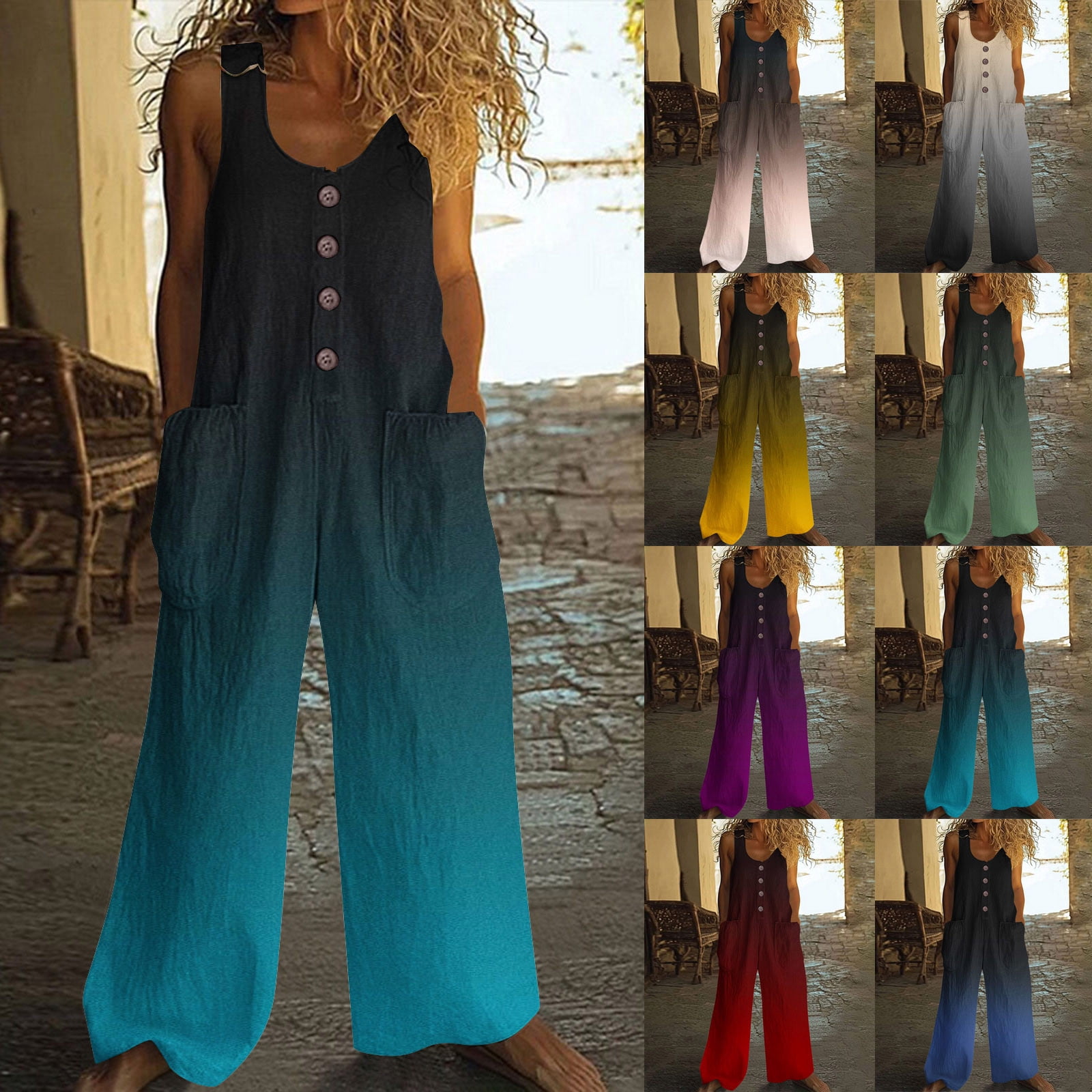 Hvyesh Summer Linen Jumpsuits for Women Tie Dye Button Down Sleeveless ...