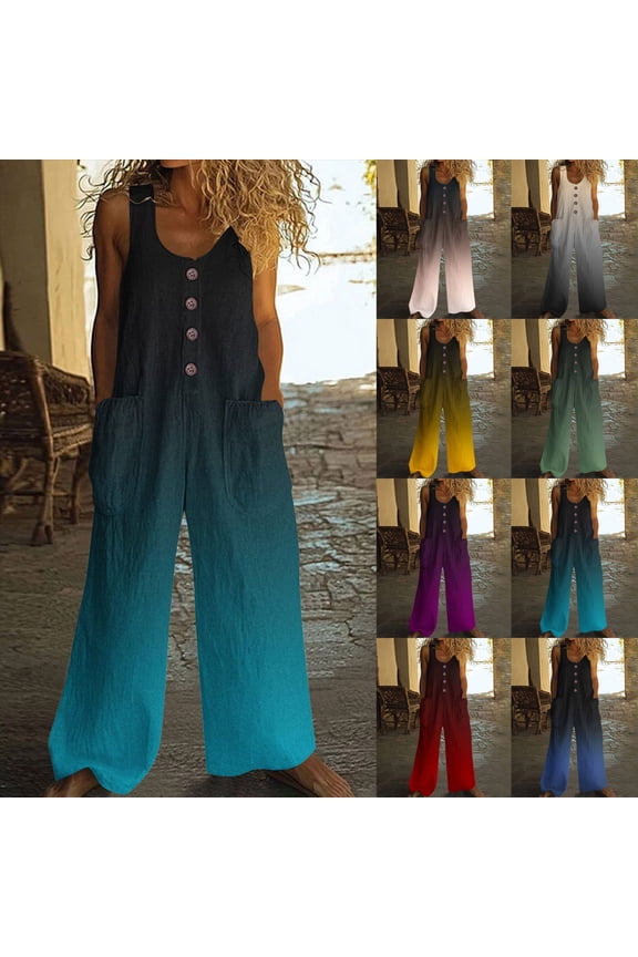 Summer Linen Jumpsuits for Women Tie Dye Button Down Sleeveless Casual Jumpers Loose Fit Wide Legs Rompers Overalls with Pockets