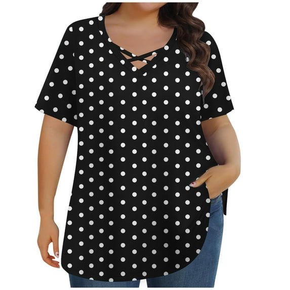 Hvyesh Summer Plus Size Tops for Women Cross Criss V Neck Blouses Vintage Print Tunic Shirts