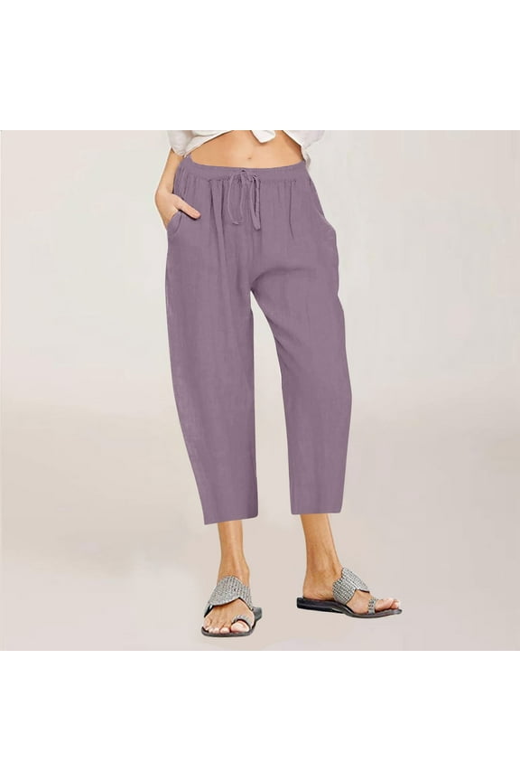 Women's Plus Size Cotton Linen Solid Pockets Drawstring Capri Pants, Capris for Women