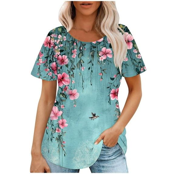 Hvyesh Summer Tops for Women 2025 Cute Floral Graphic Tee Shirt Dressy Round Neck Short Sleeve Tunic Pullover Petite Ladies Blouses