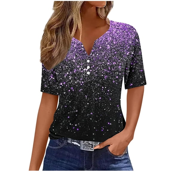 Hvyesh Summer Tops for Women V Neck Button Down Tshirt Short Sleeve Casual Blouses Sequin Print Loose Fit Shirts