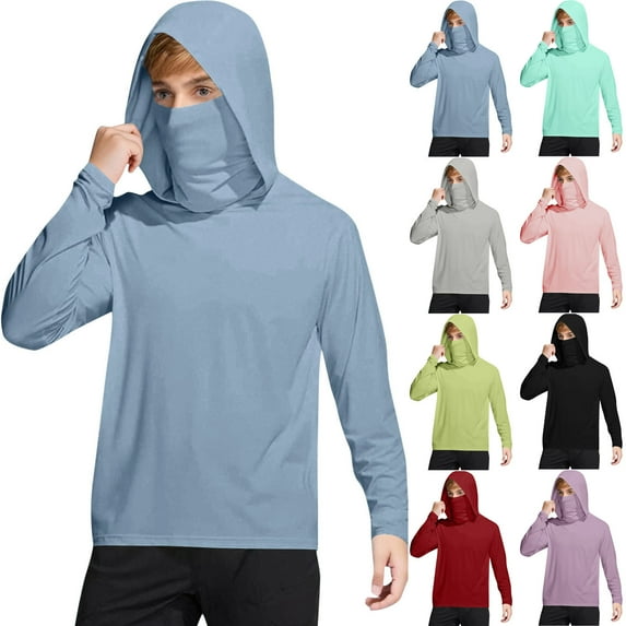 Hvyesh Sun Protection Shirts for Mens UPF 50+ Long Sleeve Rash Guard Fishing Hoodies with Mask Summer Cooling Hooded Blouses