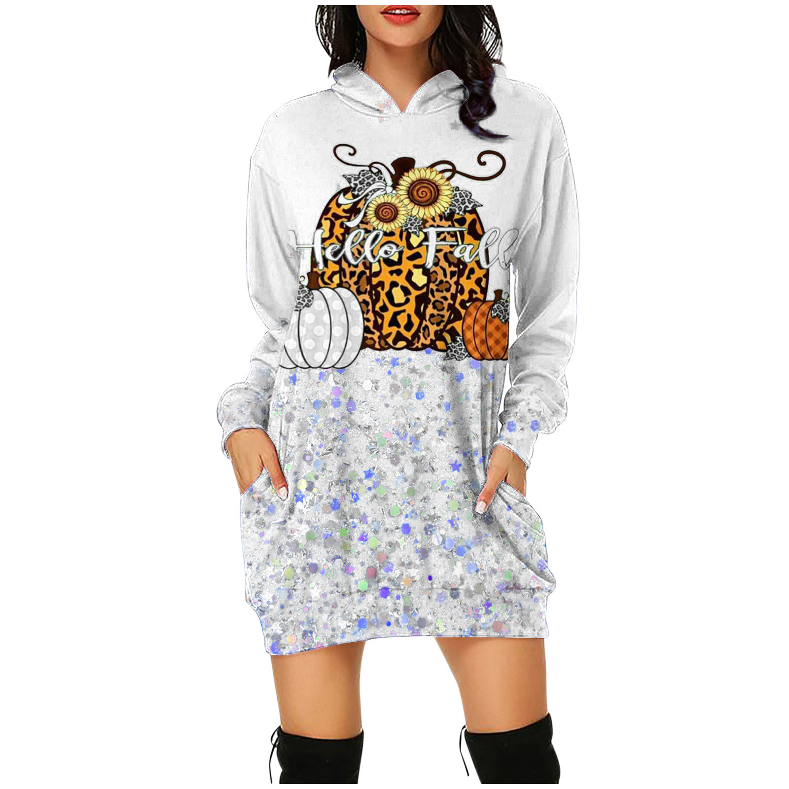 Women's Sequin Pumpkin Print Long Sleeve Top - Autumn & Halloween Knit Sweater, Casual Sparkle T-Shirt