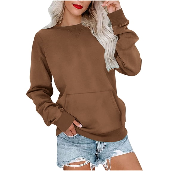 Hvyesh Sweatshirts for Women Long Sleeve Crewneck Sweatshirt Fall Solid Color Pullover Tops Fashion Holiday Clothings