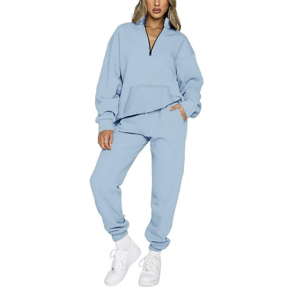 Hvyesh Sweatsuits for Women Set 2 Piece Workout Going Out Outfits Long Sleeve Quarter Zip Mock Neck Sweatshirts Sweatpants,Lounge Sets for Women Clearance Light Blue XXL