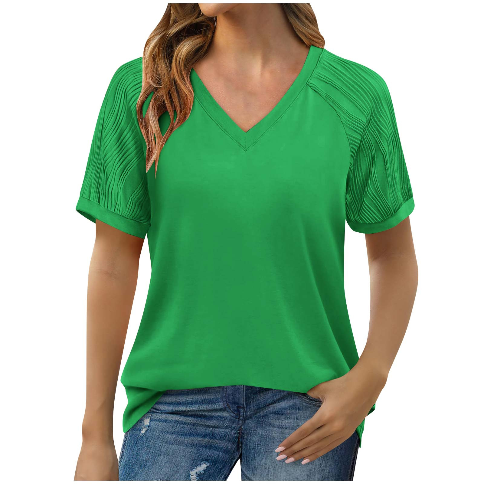 Hvyesh T-Shirts for Women V Neck Short Sleeve Tops Solid Color Hide ...