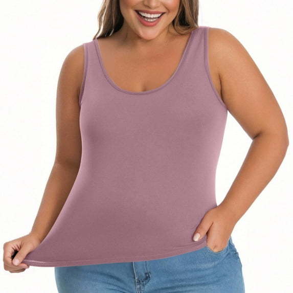 Hvyesh Tank Top with Built in Bra for Women Plus Size Workout Tank Tops Slim Fit Scoop Neck T Shirt Oversized Solid Blouses
