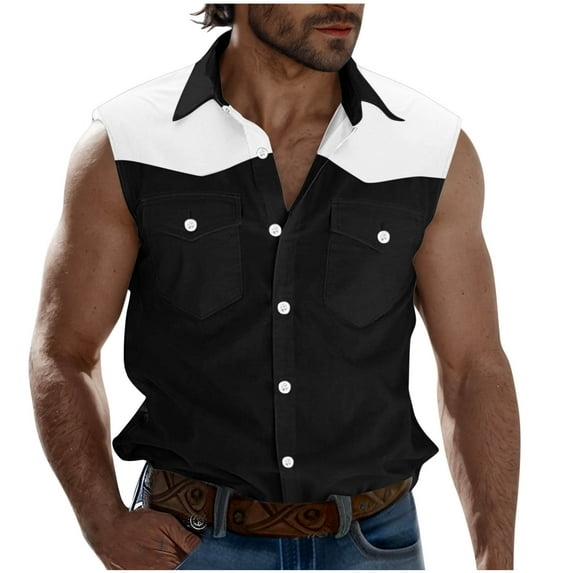 Hvyesh Tank Tops Shirts for Men Casual Button Down Color Block Tank Shirts Sleeveless Summer Lapel Cut Off Jackets Vintage Tank Coat