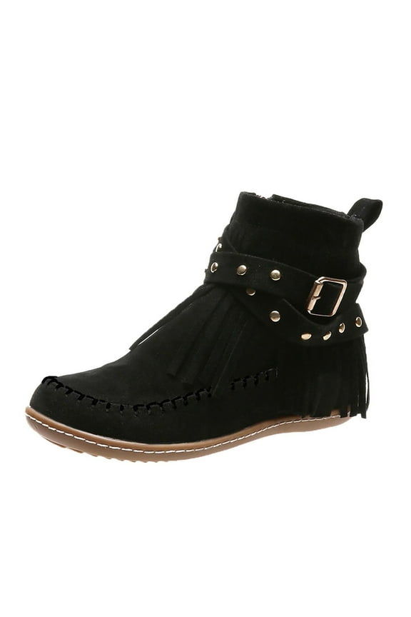Tassel Flat Ankle Boots for Womens Suede Fringed Boot Shoes Round Toe Slip On Dressy Short Booties Western Fringe Cowboy Low Heel Bootie